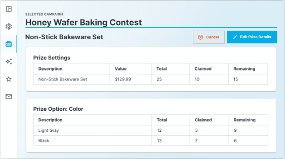 A screenshot of prize management settings for a promotion in Realtime Media's Winner Management tool